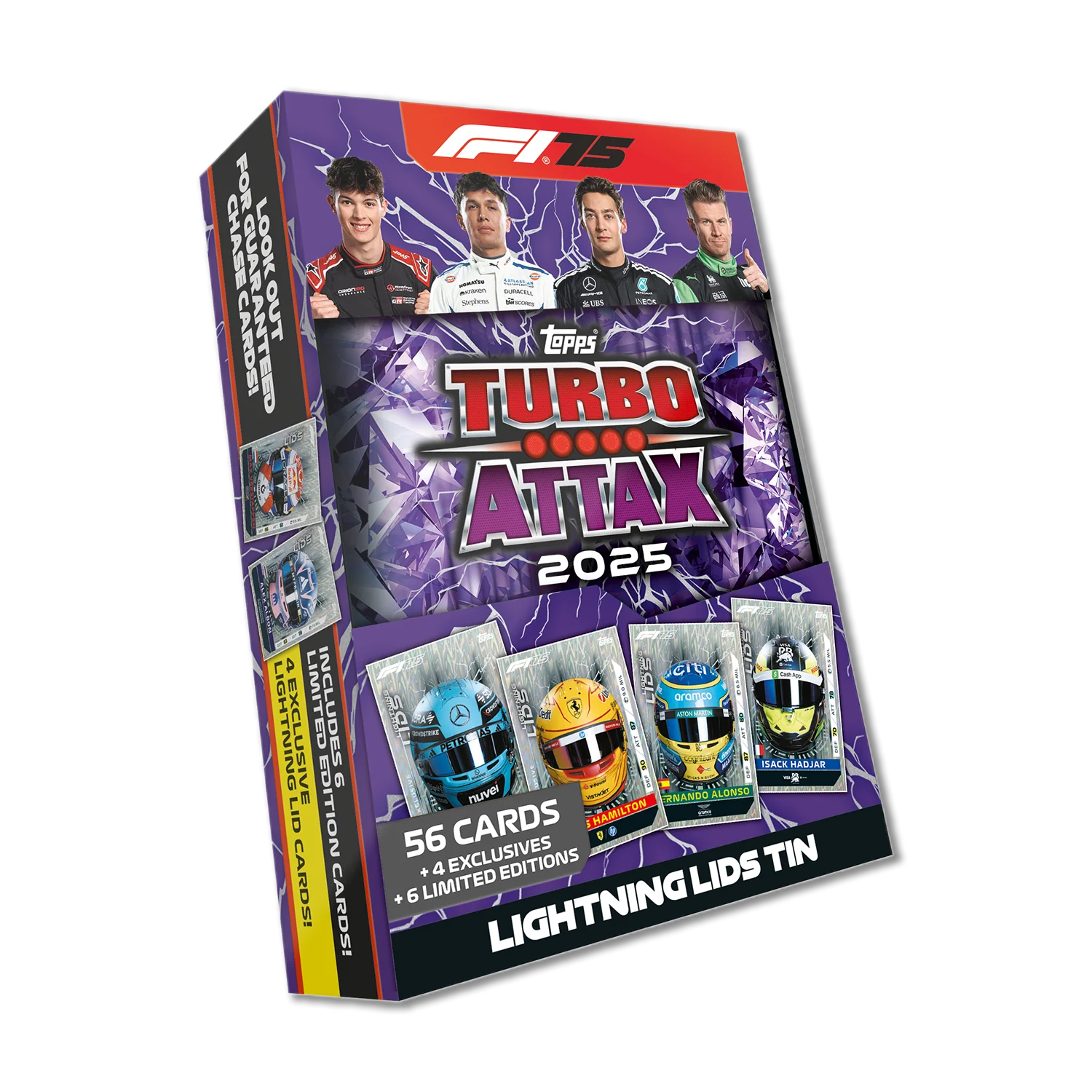 Topps Turbo Attax Formula 1® 2025 - Mega Tin - Lightning Lids - contains 66 cards including 6 LE's and 4 Exclusive 'Lightning Lids' Cards!